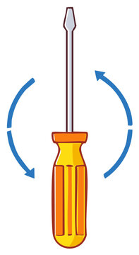 Cartoon flathead screwdriver icon with rotation arrows for screwing and unscrewing instructions