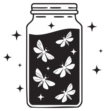 Fireflies in a Jar Illustration Midnight Magic Vector Black and White Design