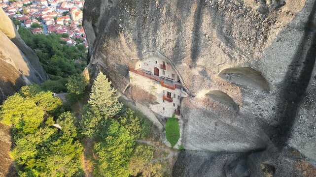 Drone Flyover Meteora Monastery Built on Rock Pillar, Thessaly Greece 01