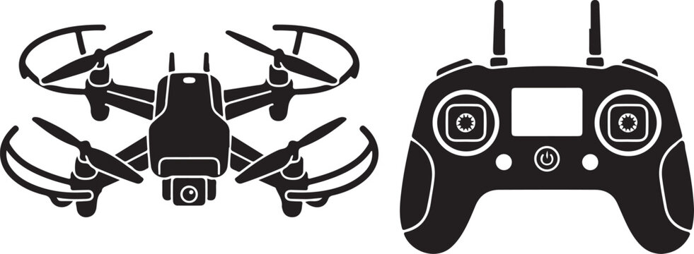 Black silhouette icons of a modern drone with propeller guards and its remote controller, isolated on white background, representing aerial photography and remote-controlled flight technology.