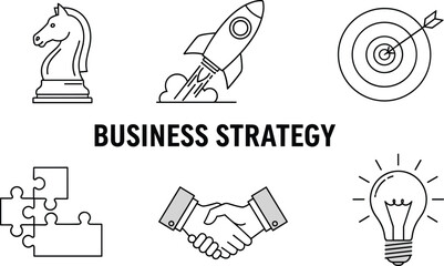 Fototapeta premium Business strategy icon set featuring knight chess piece rocket launch target puzzle handshake and lightbulb in minimalist black line art.