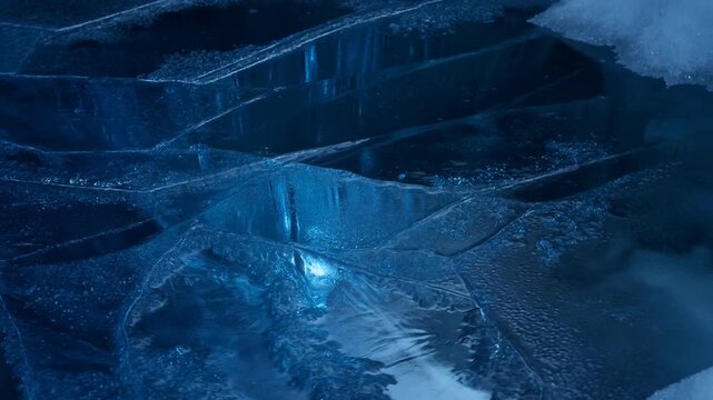 Ultra HD Abstract Close Up of Deep Blue Translucent Glacial Ice with Internal Textures and Light Refracting Through Frozen Crystal Formations 4K Video