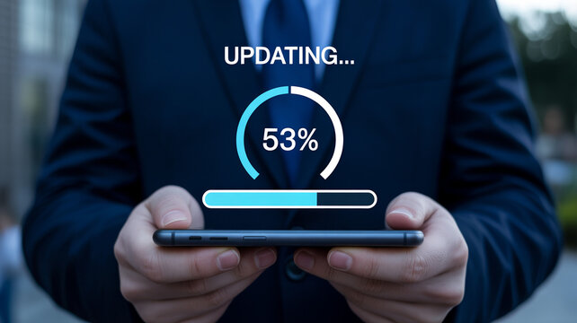 Business professional holding a smartphone displaying a system update with a 53 percent progress bar indicating software installation