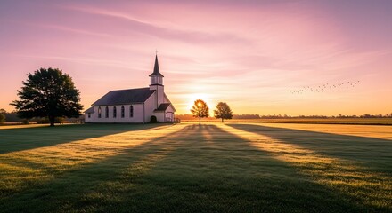 Naklejka premium Small rural church in golden sunrise light casting long shadows across field.