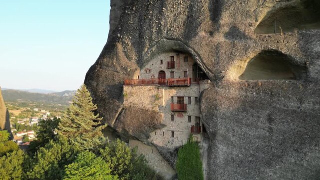 Drone Flyover Meteora Monastery Built on Rock Pillar, Thessaly Greece 02
