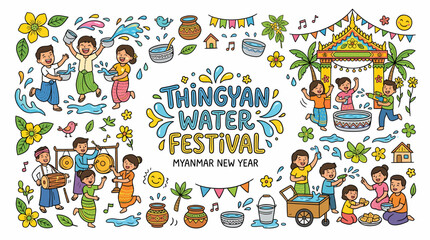 Fototapeta premium Thingyan Water Festival Myanmar New Year Cartoon Doodle