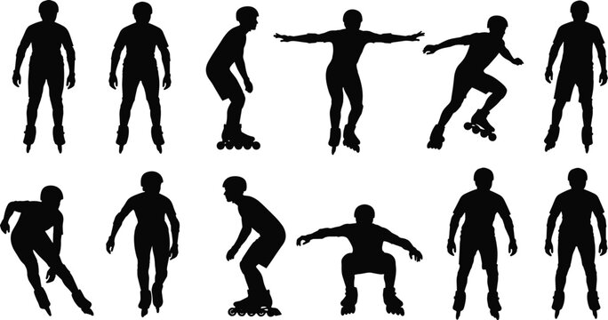 Large collection of professional roller skater silhouettes in various poses and action movements wearing helmets for extreme sports competition and urban recreation lifestyle vector
