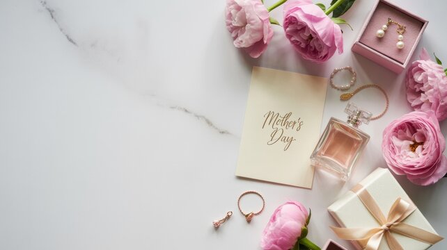 Elegant Mother's Day flat lay with pink roses, jewelry, gift box, and handwritten note on marble surface