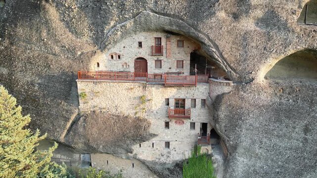 Drone Flyover Meteora Monastery Built on Rock Pillar, Thessaly Greece