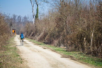 Obraz premium Solo Hiker Walking Along Dirt Road Trail With Backpack In Early Spring Countryside Landscape
