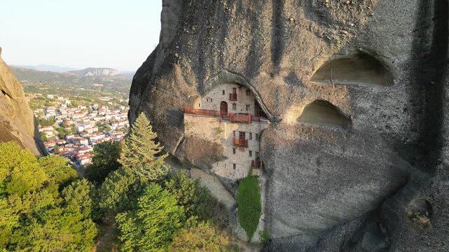Drone Flyover Meteora Monastery Built on Rock Pillar, Thessaly Greece 03