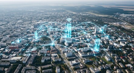 Fototapeta premium IoT Smart City Aerial View – Connected Devices and Digital Network System