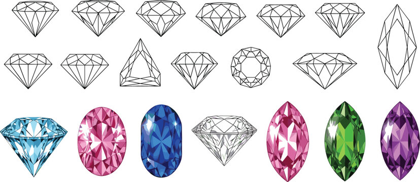 Diamond and gemstone shapes collection with colorful precious stones and outline crystal cuts jewelry vector illustration set