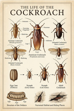 A detailed vintage-style educational chart illustrating the complete life cycle, anatomical structure, and common species of the cockroach.