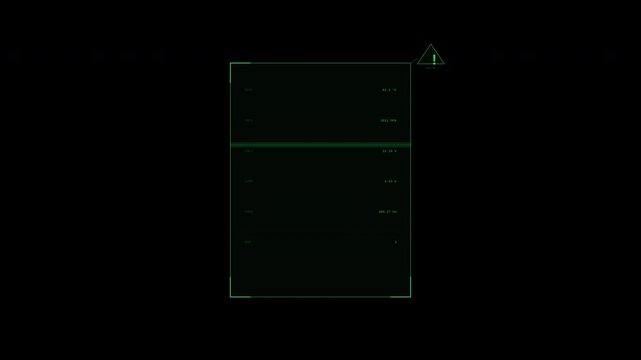 Abstract digital display showing various system metrics including temperature, pressure, voltage, and frequency in a futuristic green hud on a black background.