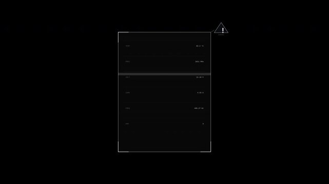 Dynamic interface displaying technological data with warning alert.
