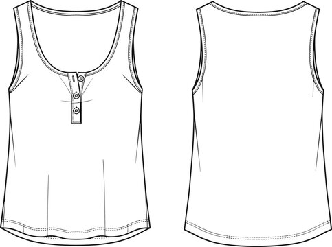 Front and back view of women's sleeveless tank top with button placket, fashion technical drawing, apparel template, clean vector outline