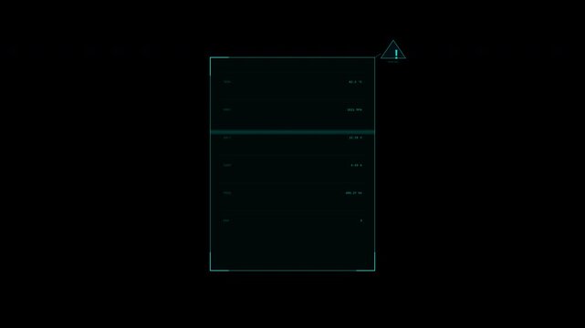 Futuristic digital dashboard interface with changing telemetry data and warning icon.