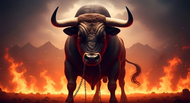 Dark brown bull with large horns standing in front of burning flames and mountains