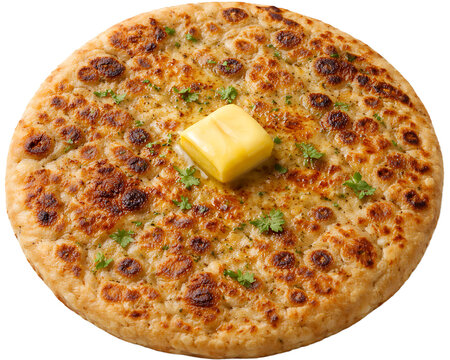 Aloo paratha with butter on top, flat lay, isolated PNG