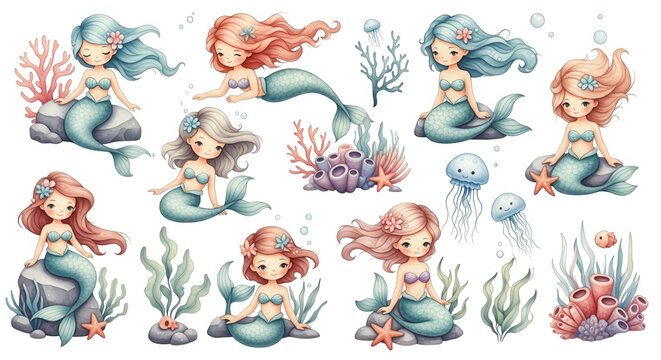 Adorable cartoon mermaids with sea creatures on isolated transparent background
