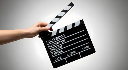 Obraz premium A hand holding a black Hollywood clapperboard in front of a gray background