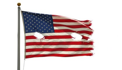 Fototapeta premium Tattered American flag waving in wind with distressed texture and patriotic colors