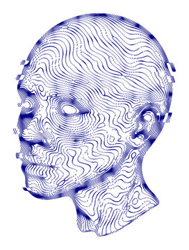 Futuristic 3D human head scan, blue topographic line art face, tech avatar
