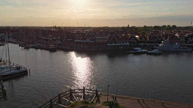 Aerial view of Volendam from the outside of the pier at sunset, Netherlands