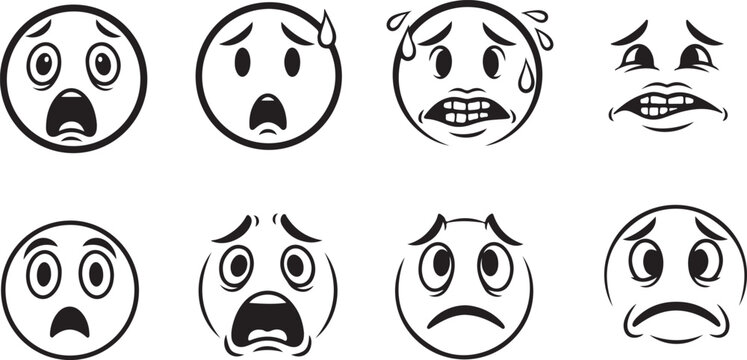 Collection of Hand-Drawn Emoticon Faces Expressing Fear and Anxiety Isolated on White Background Line Art Style