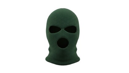 Fototapeta premium Green knit balaclava mask with eye and mouth openings on white background
