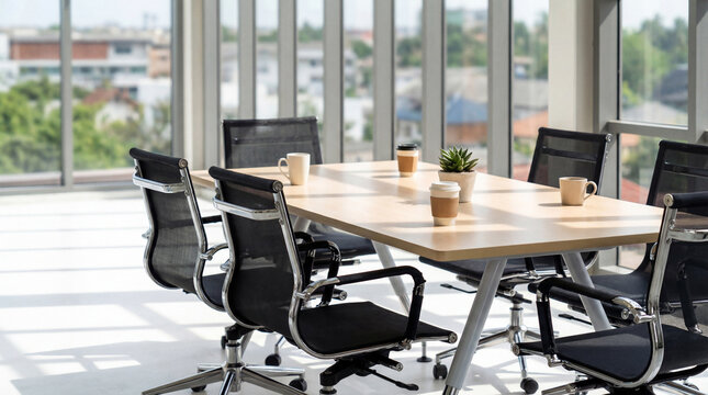 Modern, bright empty meeting room with a large table and office chairs in a corporate office building.