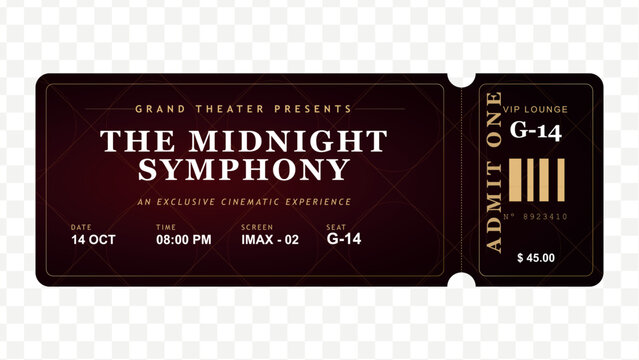 cinematic experience ticket, movie ticket stub, event admission pass, midnight concert ticket