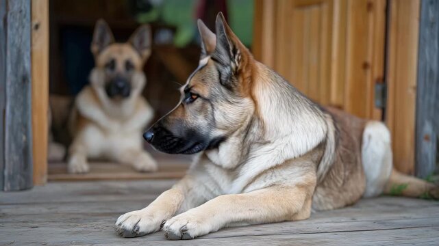 A close-up of a large short-haired dog lying flat against cool wooden planks, individual strands of fur clearly visible, natural daylight highlighting muscle contours, while a seco