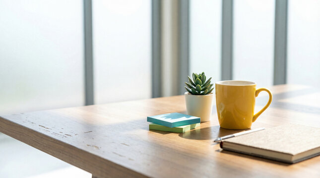 Close-up photograph of a minimalist workspace with a yellow mug, succulent, sticky notes, and notebook on a wooden desk.
