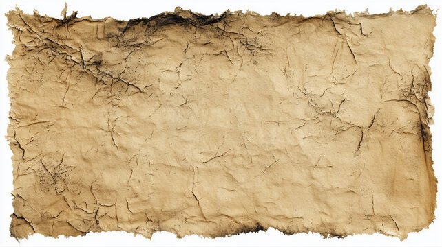 Crumpled old aged paper featuring a detailed rough textured surface, burnt ragged edges, and a white isolated background