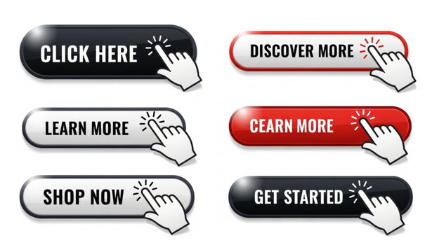 Click Here Button Set with Hand Cursor Web UI Vector Illustration