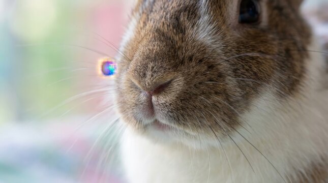 Close-up of a fluffy brown and white rabbit&rsquo;s nose and mouth, with a soft-focus background and a hint of rainbow lens flare