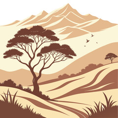Fototapeta premium A stylized illustration depicts an african savanna landscape with acacia trees rolling hills and a mountain range in the background