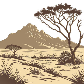 A detailed illustration depicts a serene african savanna landscape featuring mountains sparse vegetation and acacia trees high quality professional modern