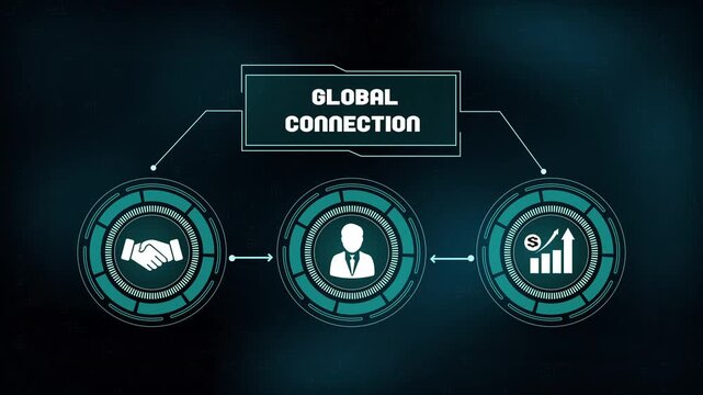 Global connection concept featuring international business networking icons, digital handshake symbol, user profile, and rising economy data bar chart.