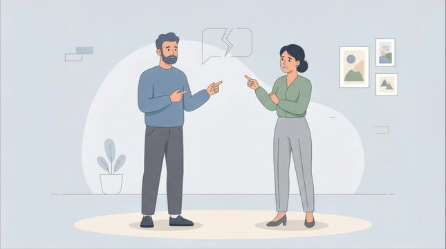 Animated man and woman talk face to face with speech icons, illustrating conversation, communication, feedback, and interpersonal discussion on a clean indoor background.
