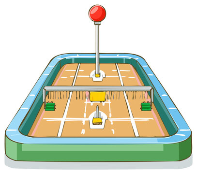 Vibrant cartoon table game featuring a red control stick a net and game pieces