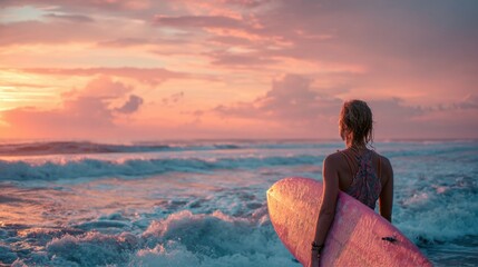 Fototapeta premium Surfer standing with board facing ocean waves at sunset