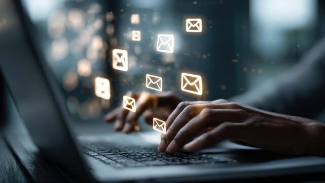 Hands of a person typing on a laptop keyboard with glowing email icons appearing above the screen in a modern workspace with soft lighting and blurred background