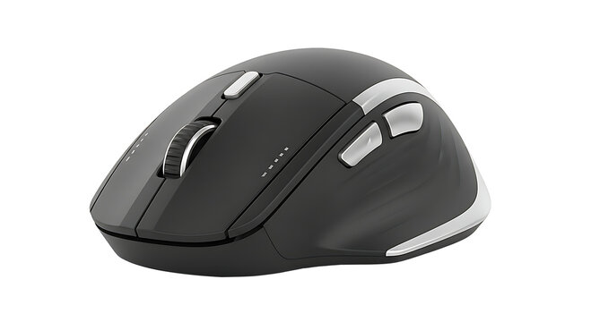 A modern ergonomic wireless computer mouse with multiple buttons and a dark gray finish isolated on transparent background