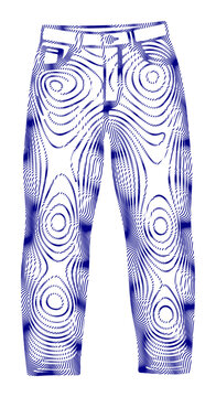 Psychedelic denim jeans vector, trippy blue line art trousers on white background