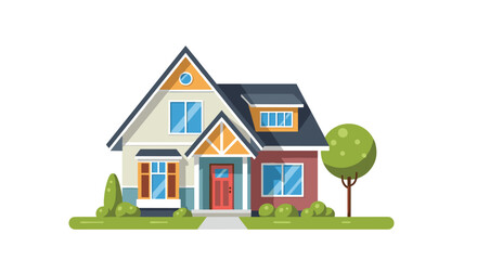 Fototapeta premium A charming two-story suburban house with a vibrant red door and a manicured green lawn stands under a clear sky in a peaceful residential neighborhood.