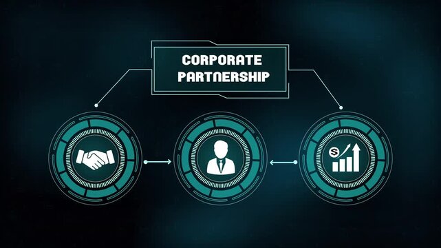 Corporate partnership concept featuring digital interface with handshake, business professional icon, and financial growth chart for collaboration.