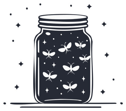Illustration of a jar filled with fireflies and stars